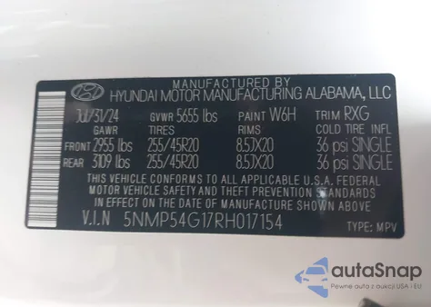 2024 Hyundai Santa Fe Hybrid Calligraphy из США, поврежденный, VIN 5NMP54G17RH017154